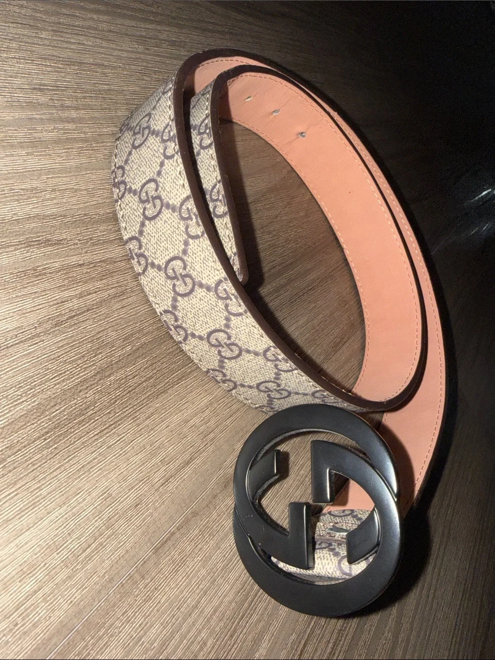 Beige GG Supreme Canvas Belt with Black Double G Buckle